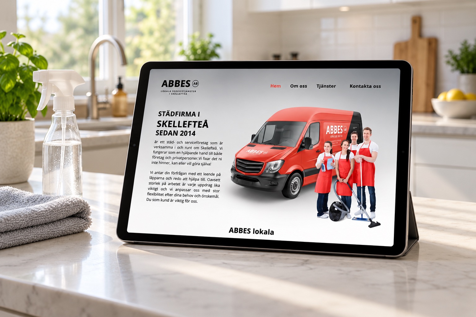The Abbes website on a tablet in a bright, clean kitchen (mockup)