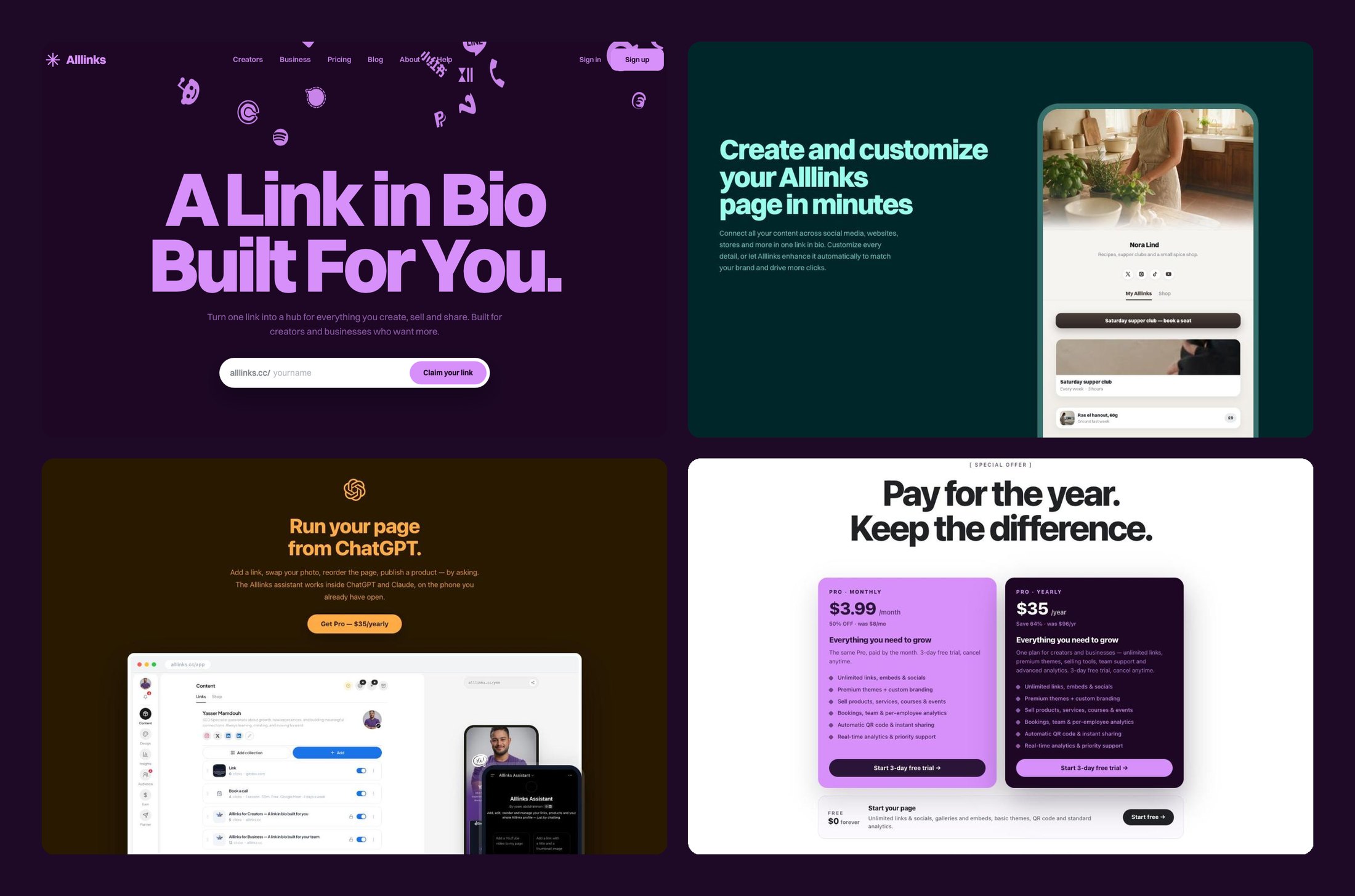 Four sections of the Alllinks homepage: hero, page demo, AI assistant and pricing