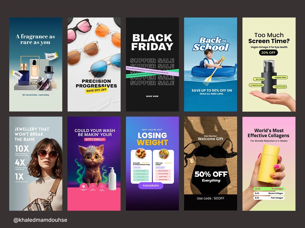 Ten full-screen story ads for fragrance, eyewear, supplements and more