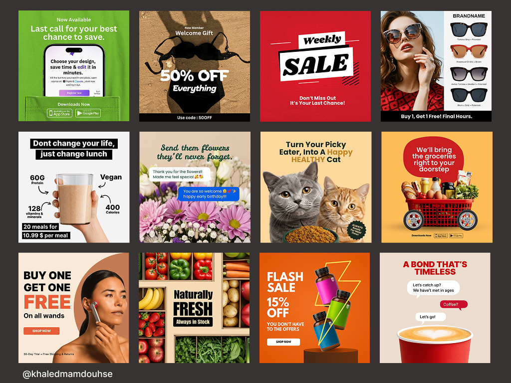 Twelve square social media ads for grocery, fashion, beauty, pet and drink brands