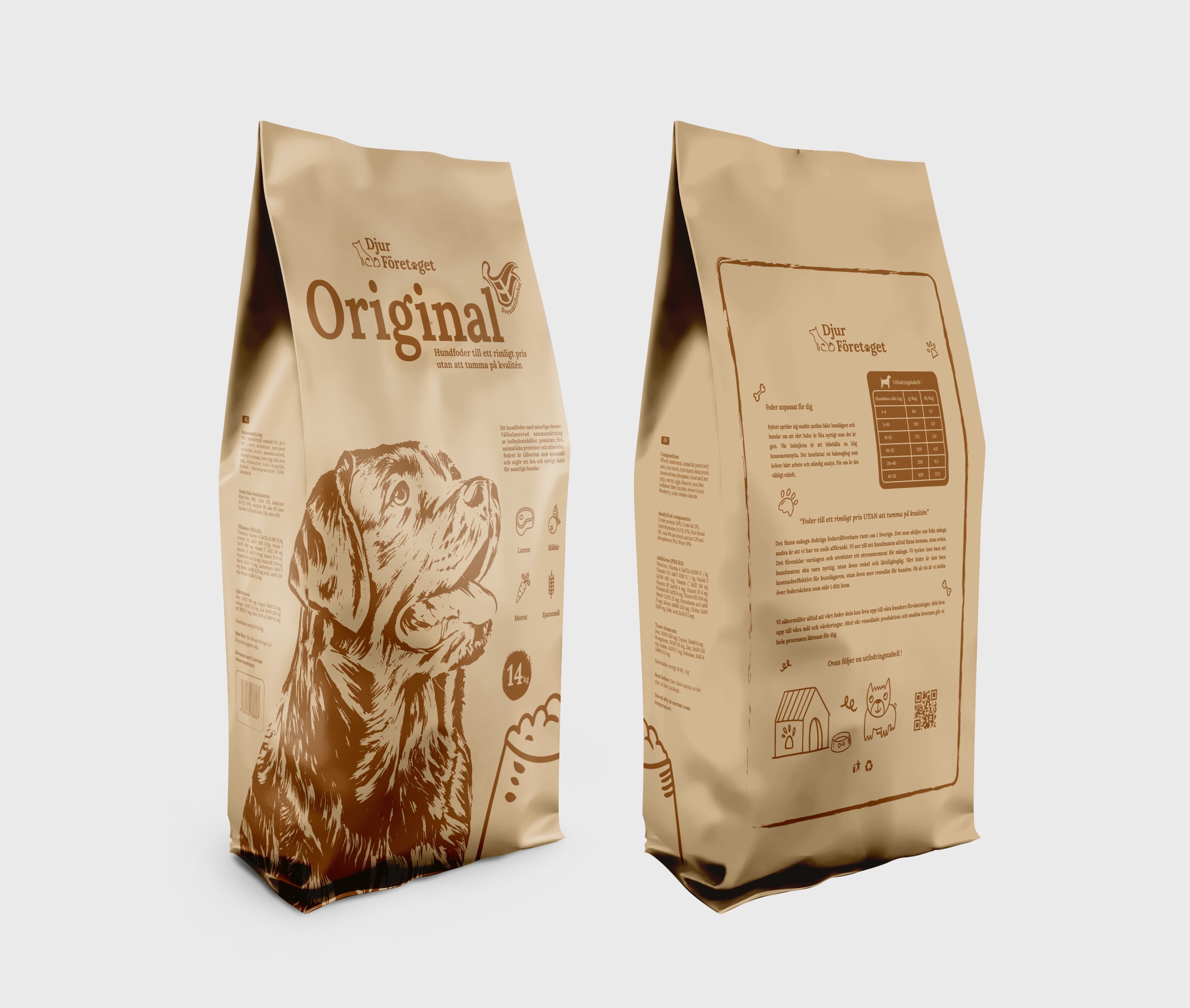 Front and back of the Djur Företaget Original 14 kg dog food bag