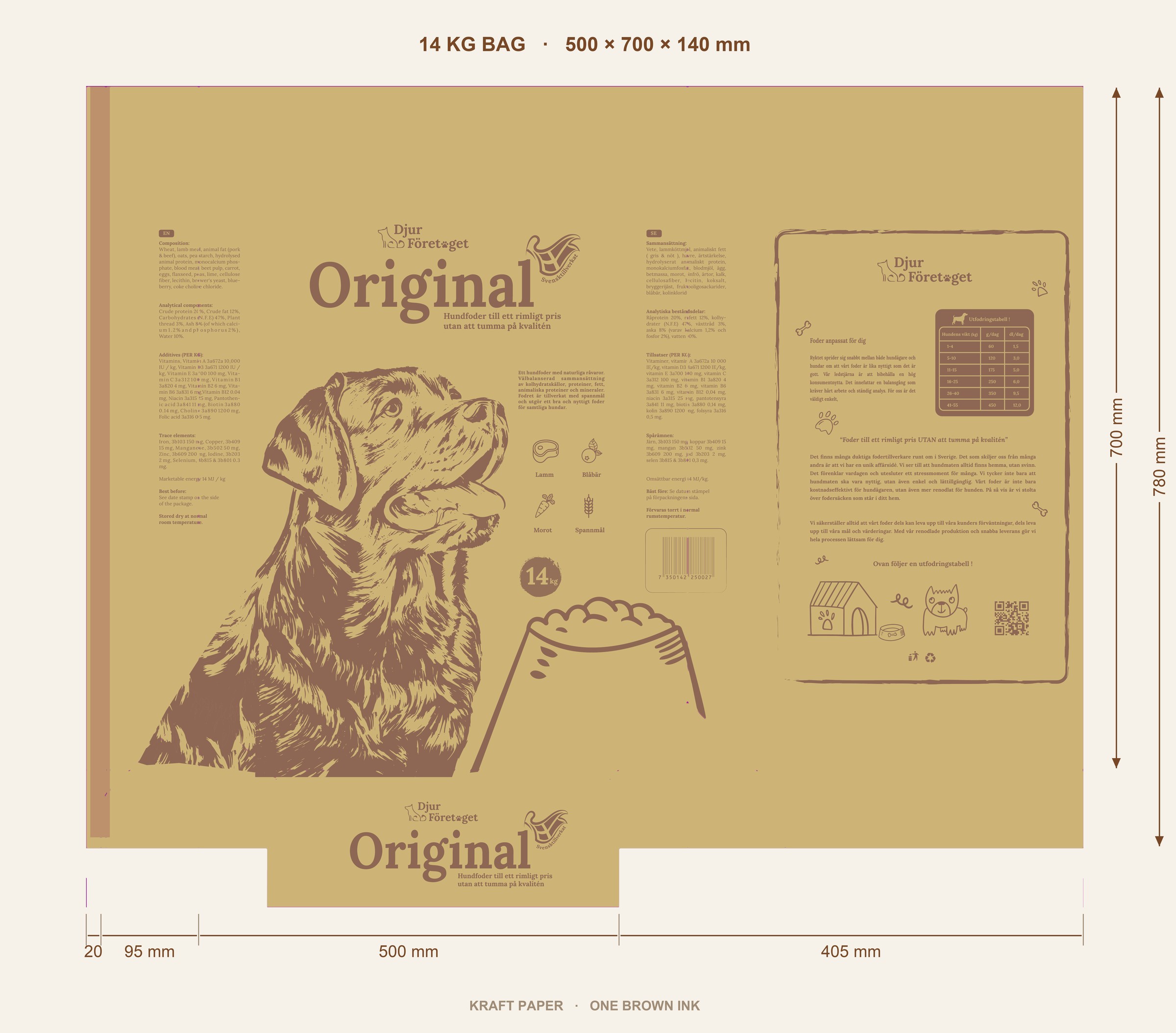 Technical layout of the Djur Företaget 14 kg dog food bag: 500 × 700 × 140 mm