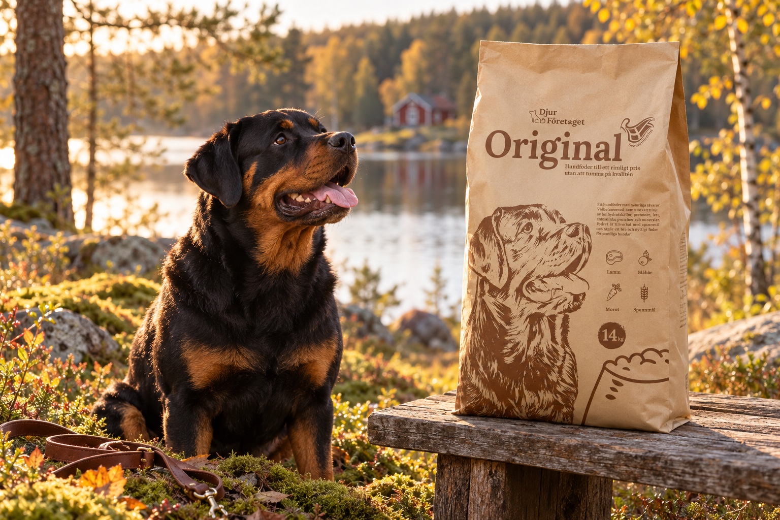 The Djur Företaget Original bag on a bench by a Swedish lake with a Rottweiler (mockup)