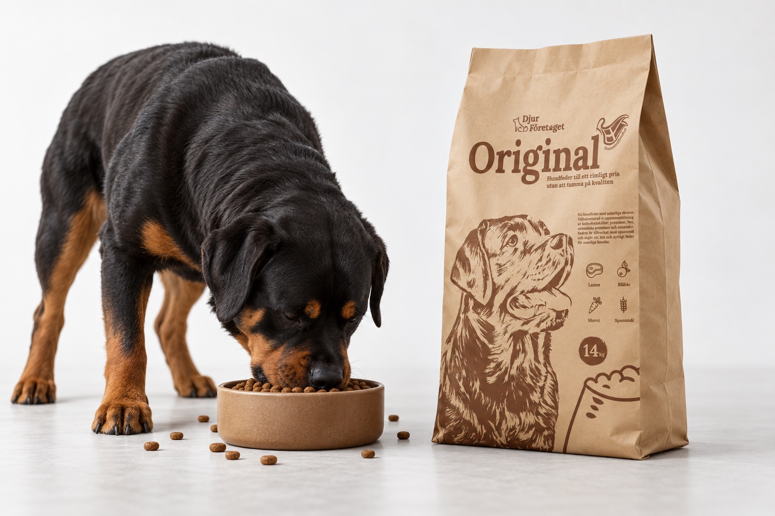 A Rottweiler eating from a bowl next to the Djur Företaget Original bag (mockup)