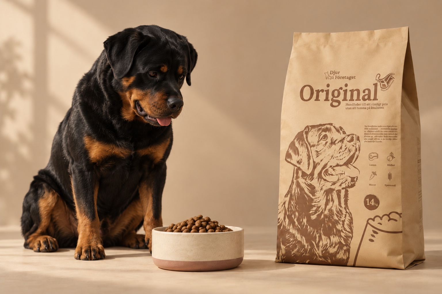 A Rottweiler waiting by a full bowl next to the Djur Företaget Original bag (mockup)