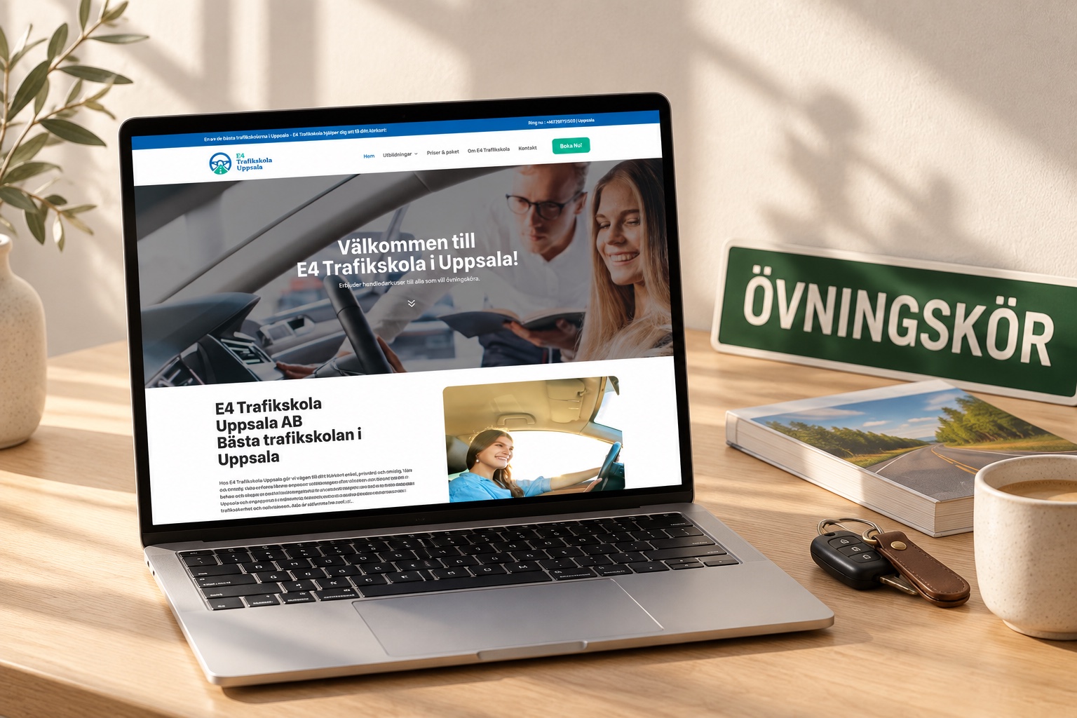 The E4 Trafikskola Uppsala website on a laptop next to car keys and an ÖVNINGSKÖR learner sign (mockup)