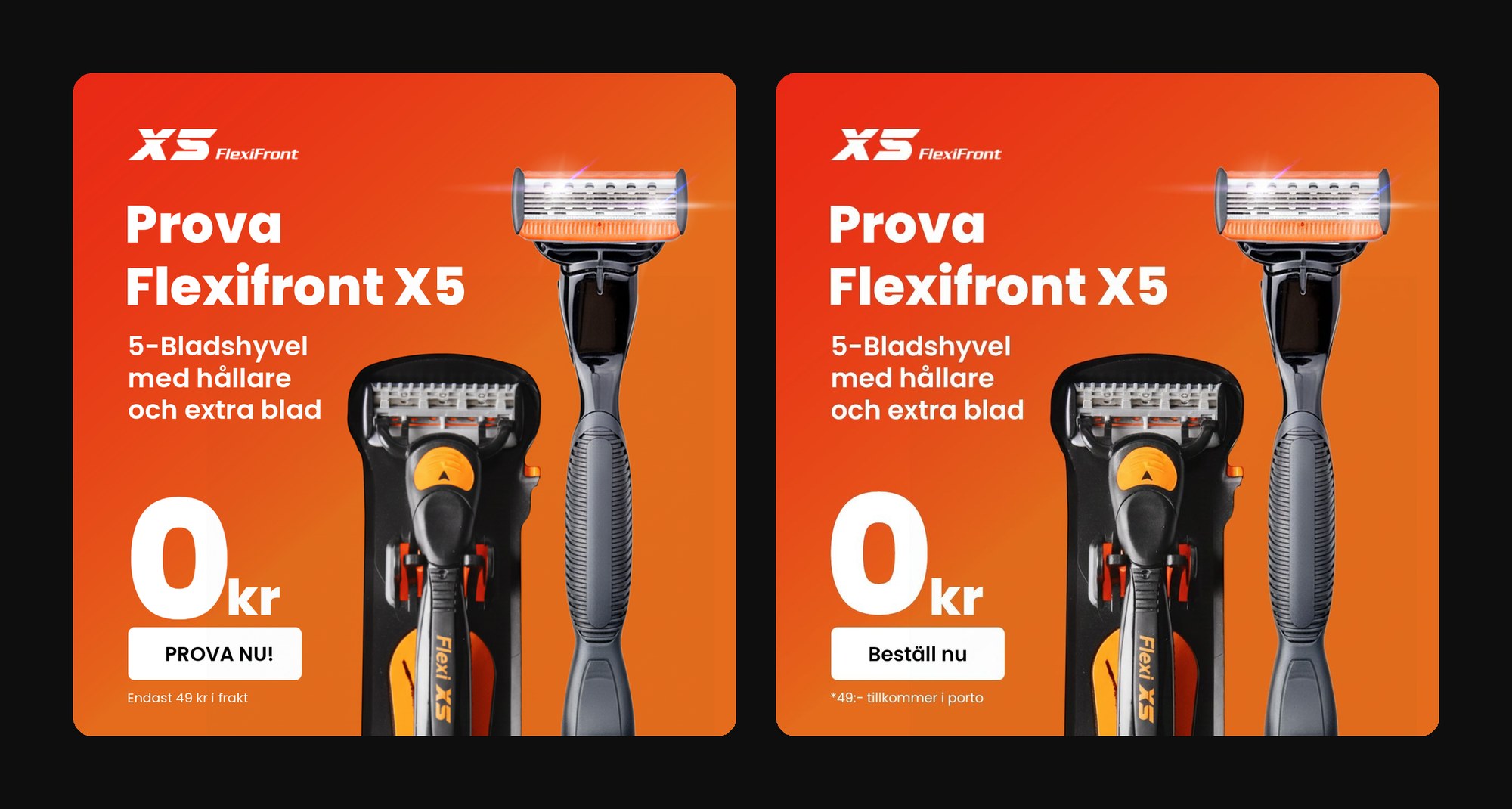 Two versions of the Flexifront X5 still ad with a large 0 kr