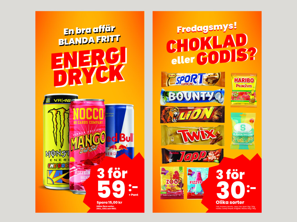 Fyrislunds banners for energy drinks and chocolate and sweets