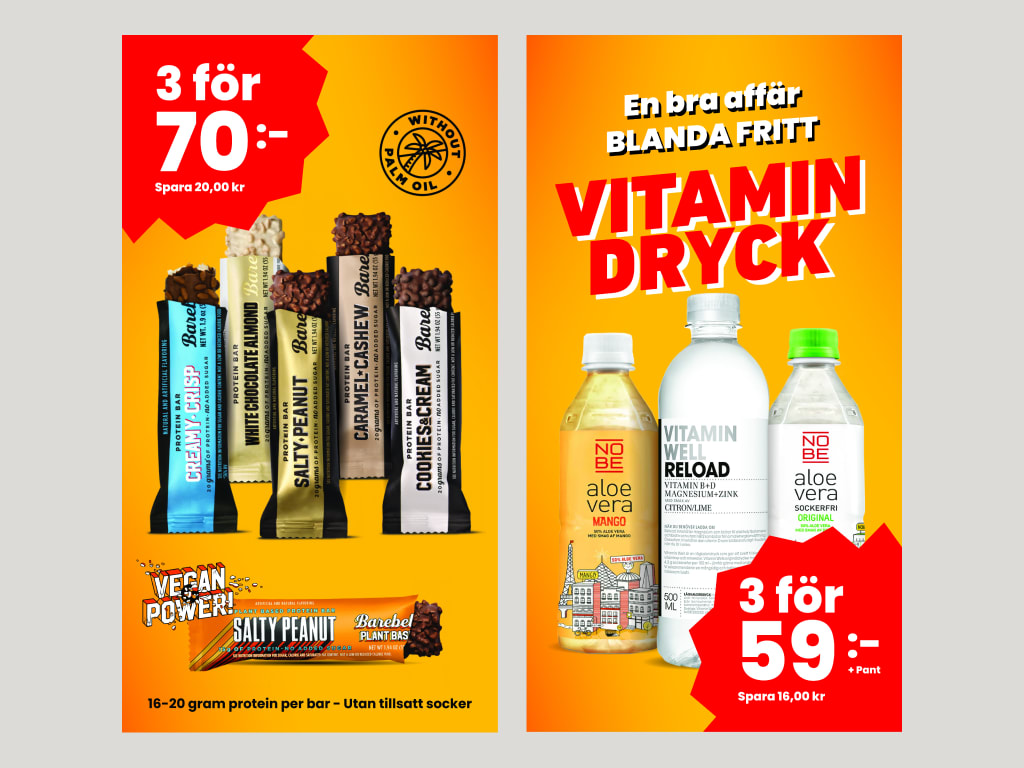 Fyrislunds banners for protein bars and vitamin drinks