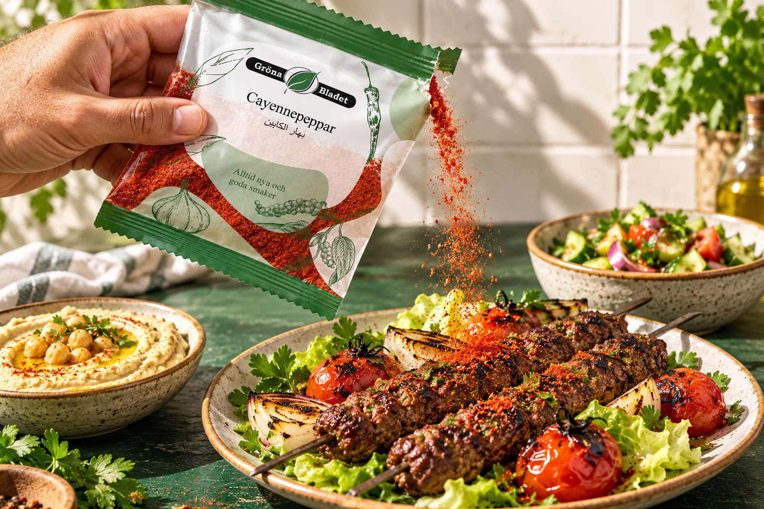 Cayenne pepper poured from a Gröna Bladet spice bag over grilled kofta (mockup)