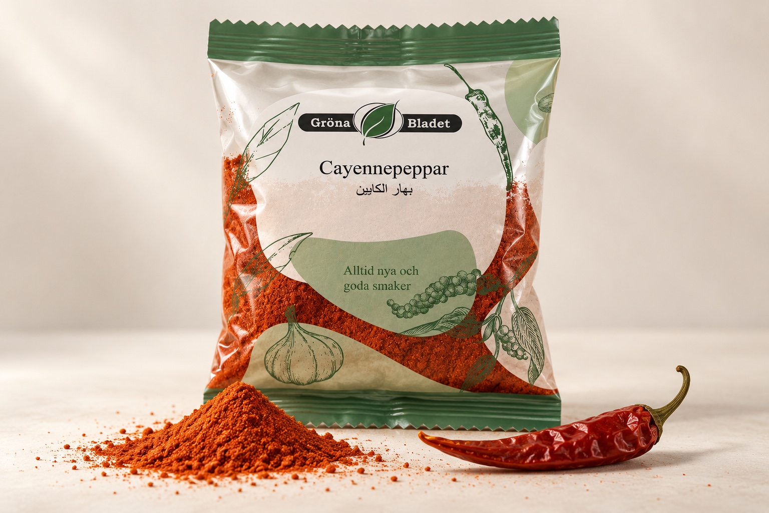 Gröna Bladet cayenne pepper bag in a studio with cayenne powder and a dried chilli (mockup)