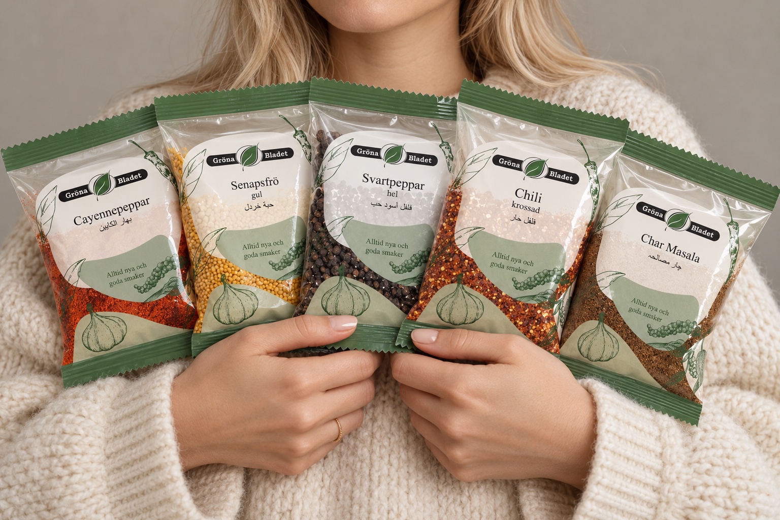 A woman in a cream knit sweater holding five Gröna Bladet spice bags fanned out (mockup)