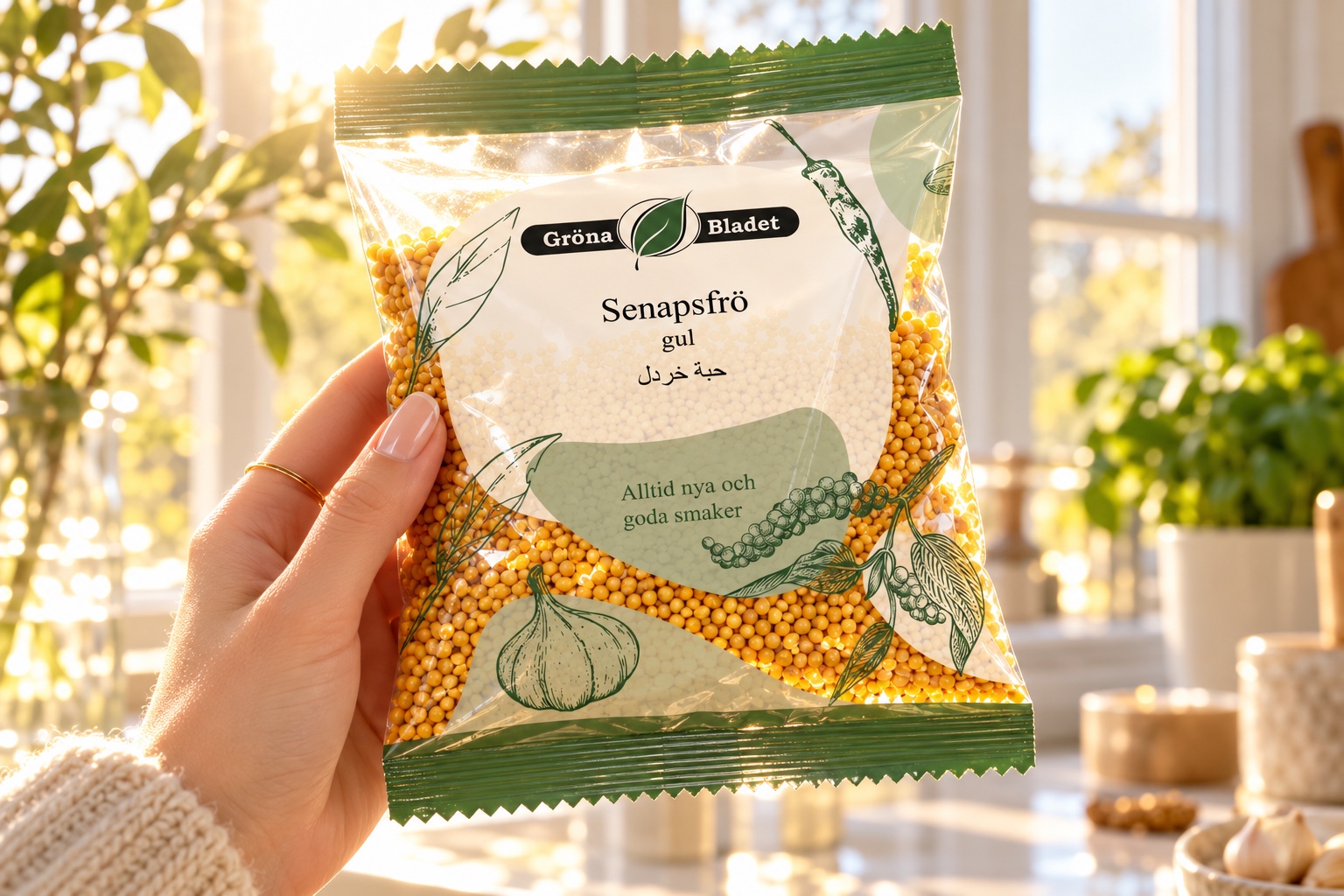 A Gröna Bladet mustard seed bag held up against a sunny window, the seeds glowing through the clear film (mockup)