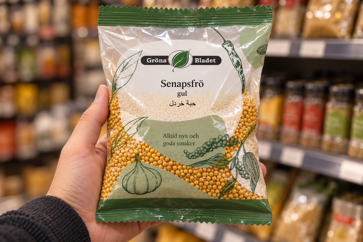 A hand holding the Gröna Bladet yellow mustard seed bag in a grocery store (mockup)