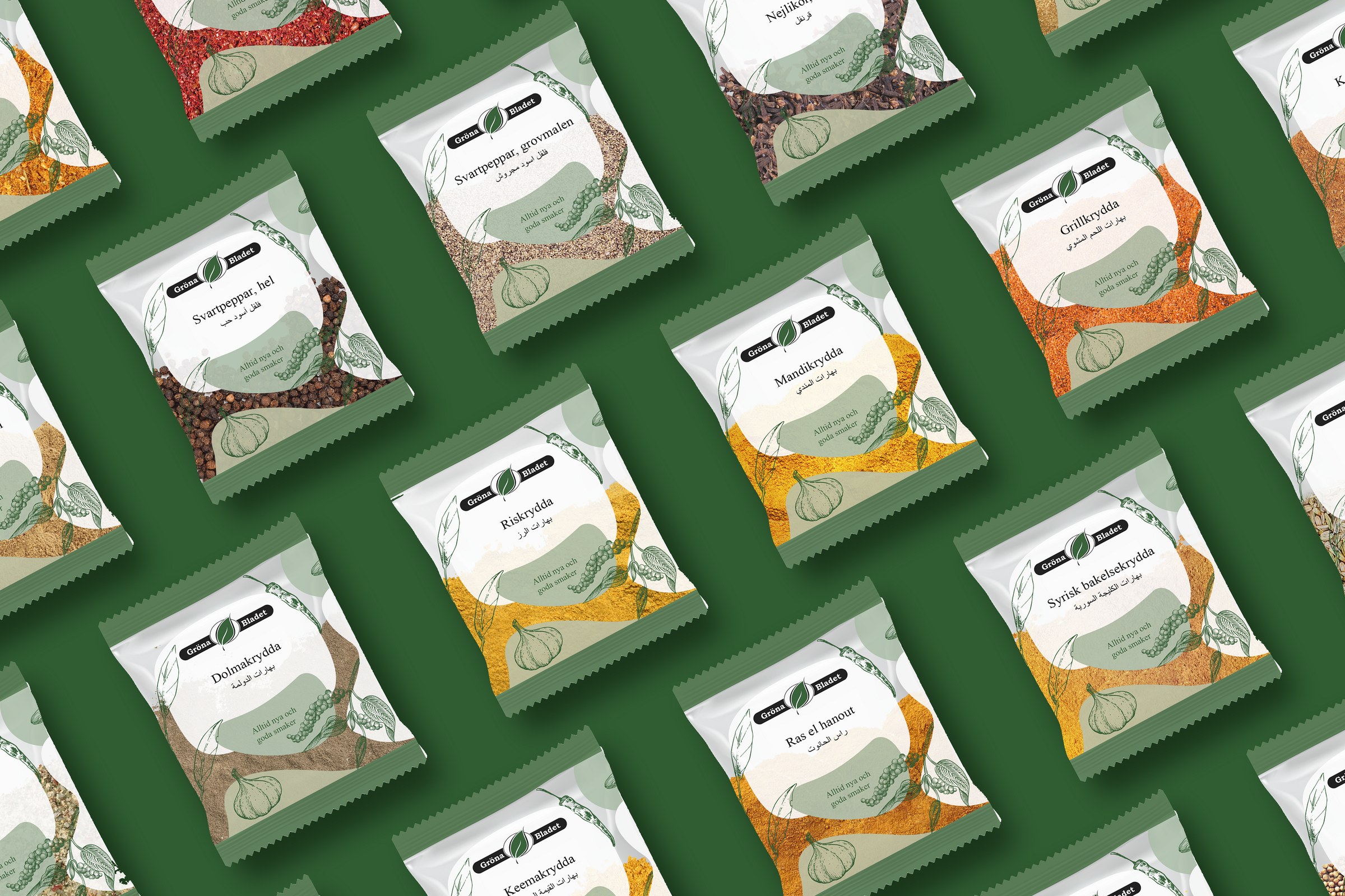 Dozens of Gröna Bladet spice bags in the new design, laid out in a tilted grid on green