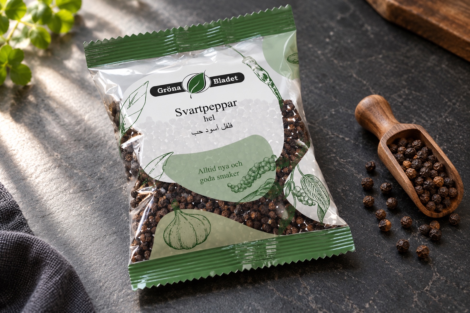 Gröna Bladet whole black pepper bag on a slate kitchen counter (mockup)