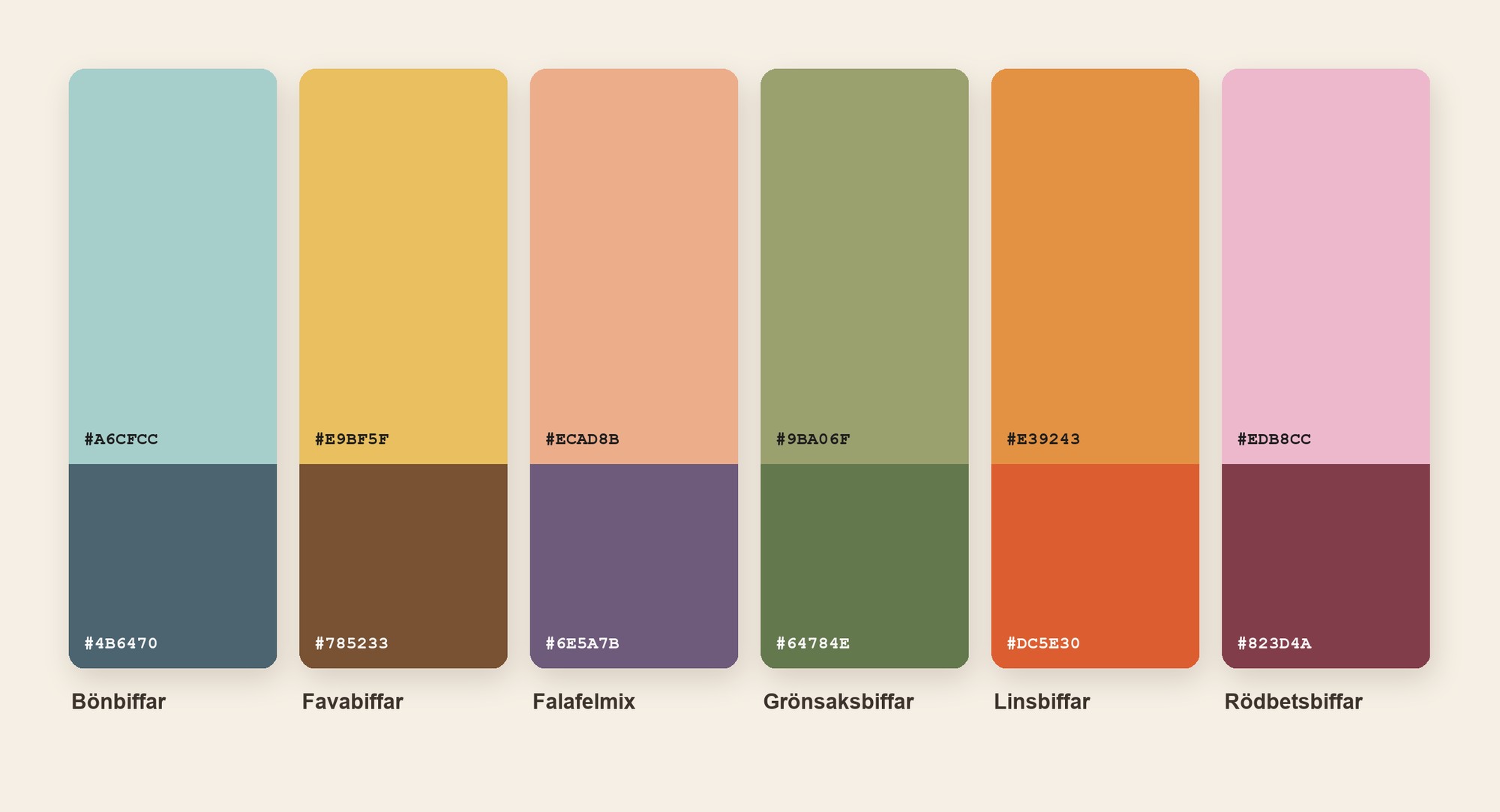 The Vegomixer colour palette: six pairs of a soft base colour and a deep accent colour