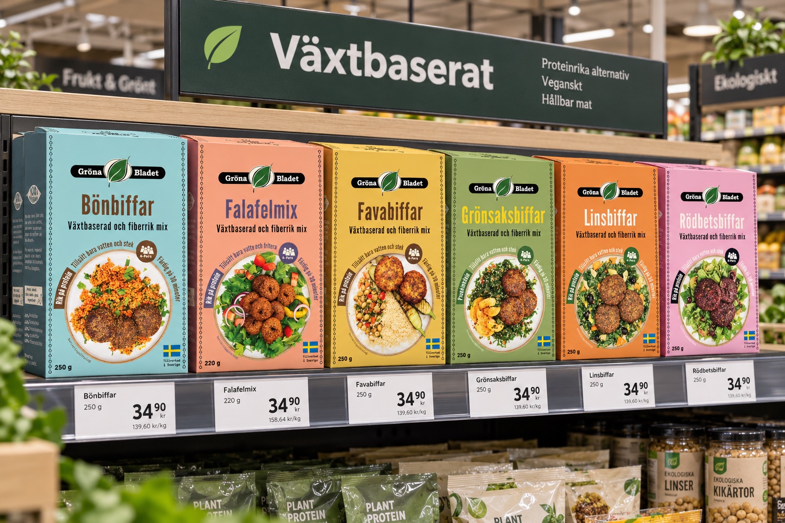 The six Vegomixer boxes on a grocery store shelf (mockup)