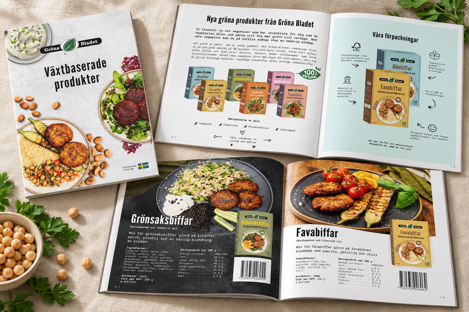 The printed Vegomixer product catalogue: cover and two spreads (mockup)