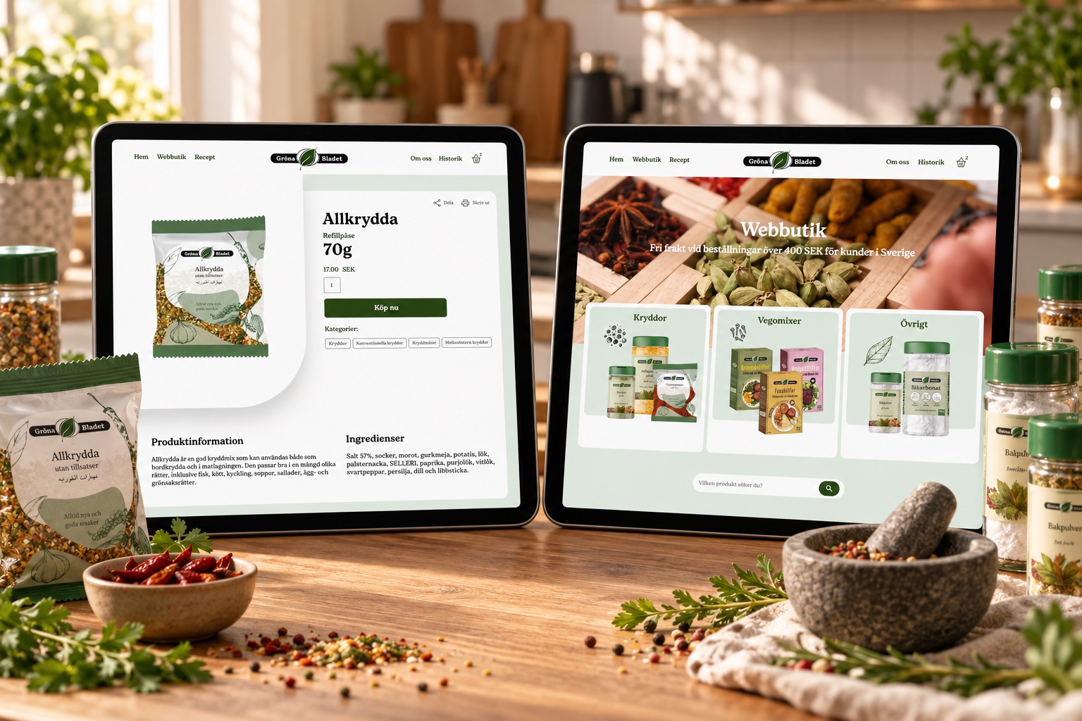 Gröna Bladet product page and webshop on two iPads next to the spice jars and refill bags (mockup)
