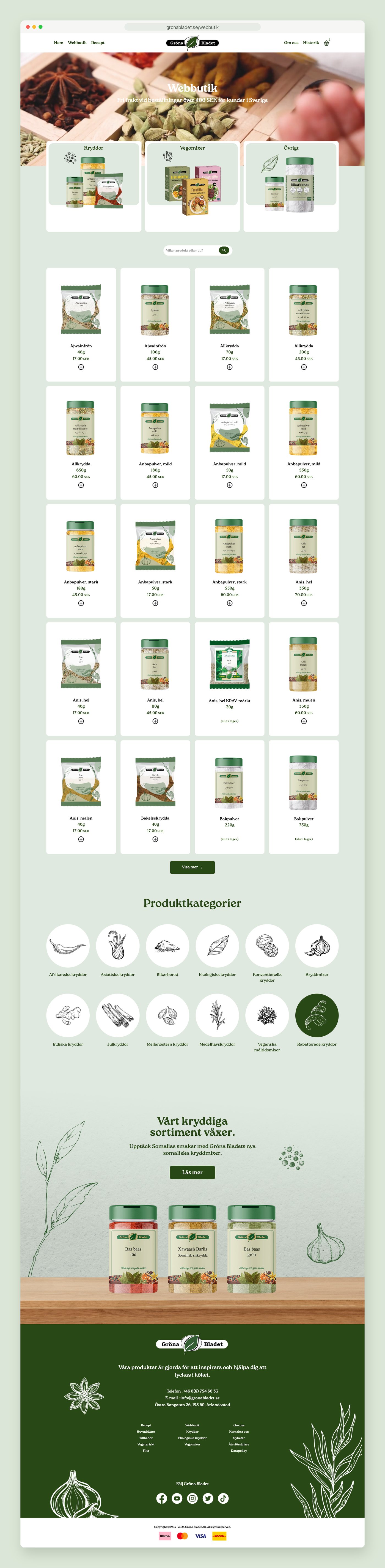 The full Gröna Bladet webshop page with product grid and category icons