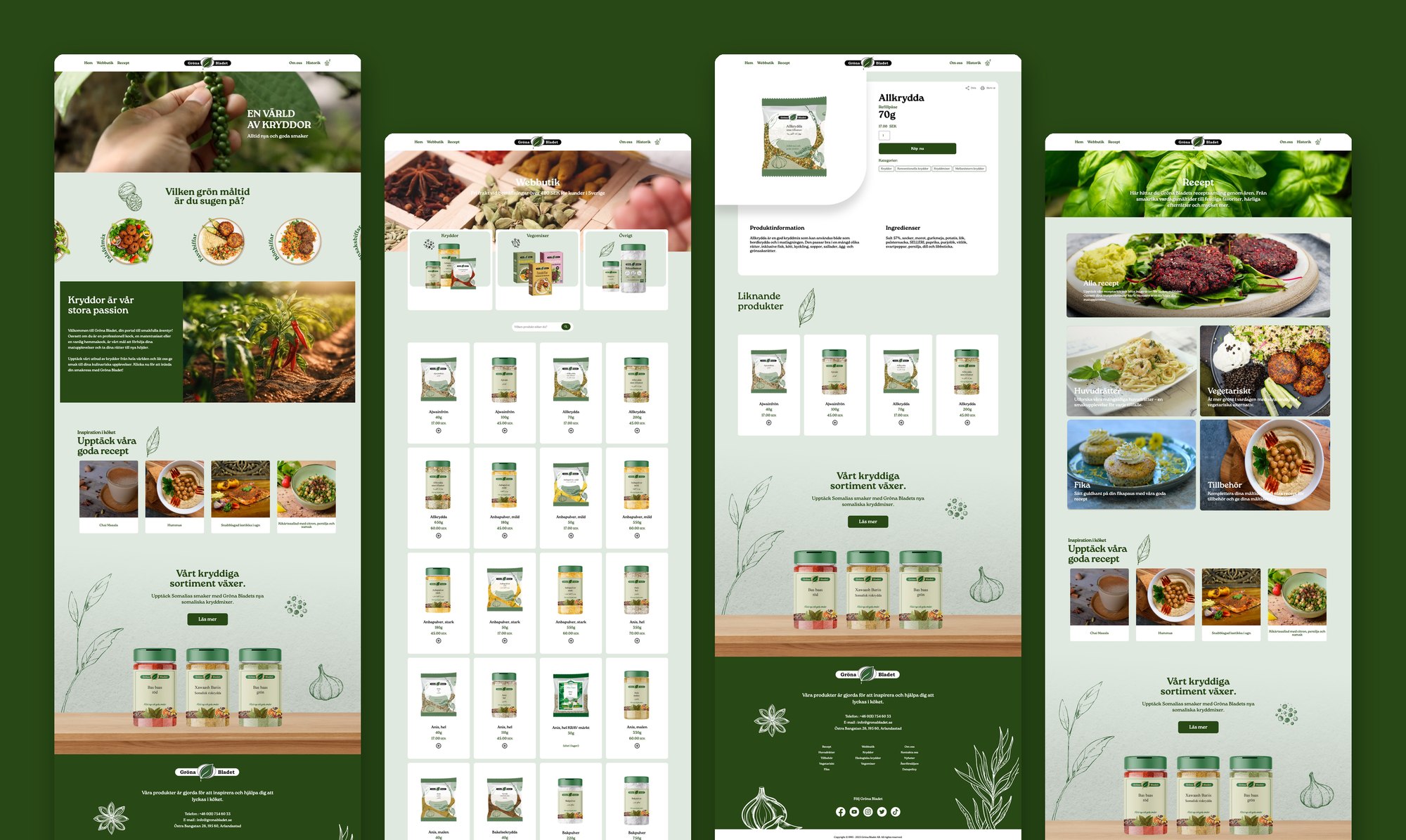 Four pages of the Gröna Bladet website side by side: home, shop, product and recipes