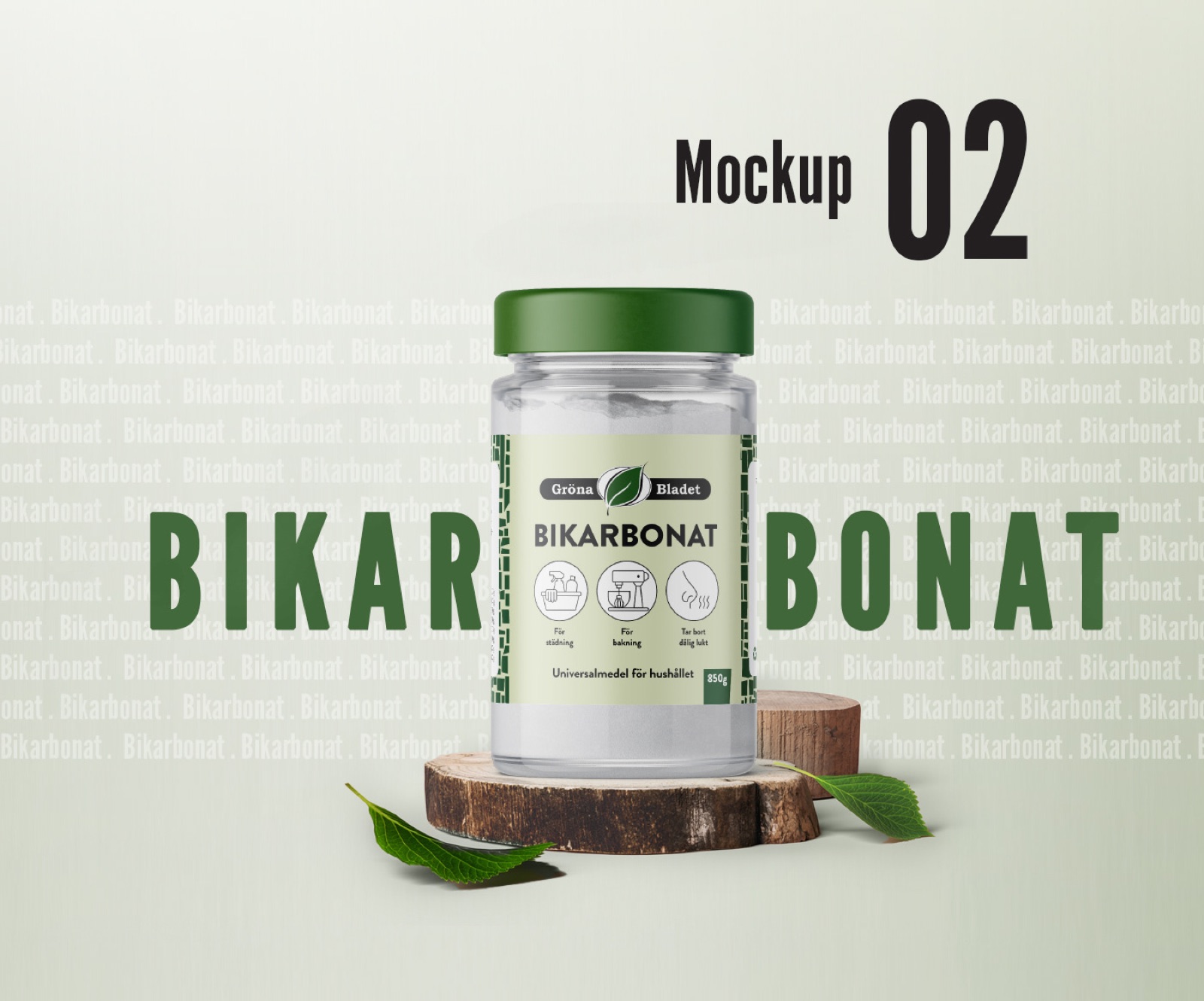 The Gröna Bladet Bikarbonat jar on a wooden slice with green leaves (mockup)