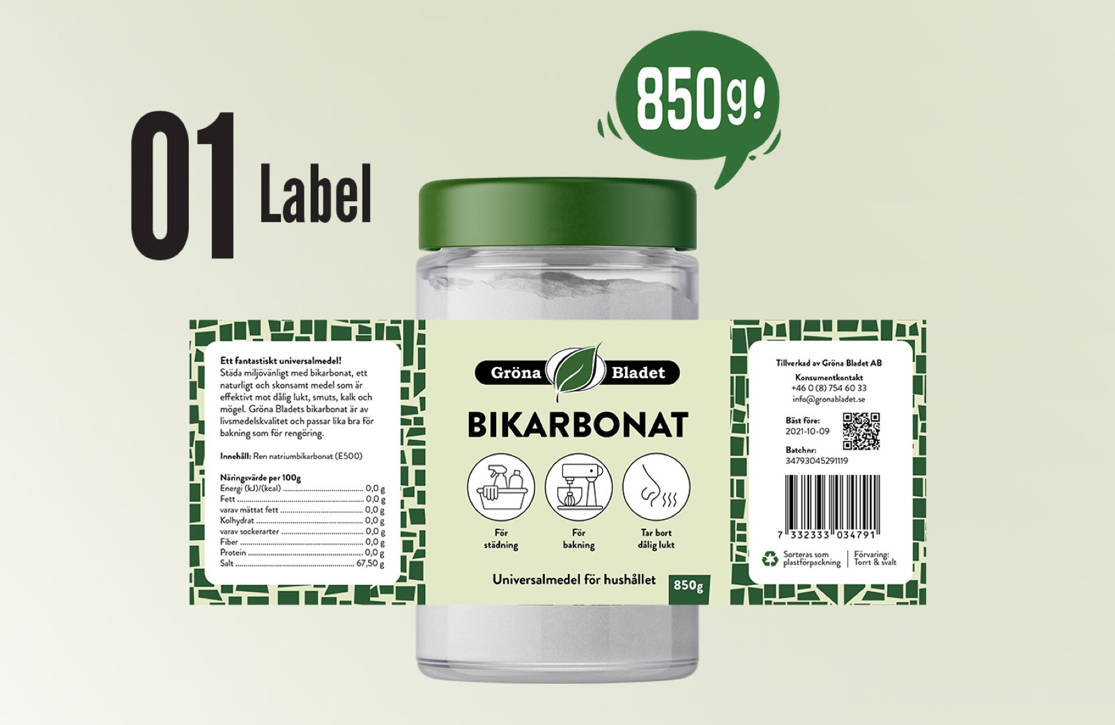 The full Gröna Bladet Bikarbonat label laid flat around the 850 g jar