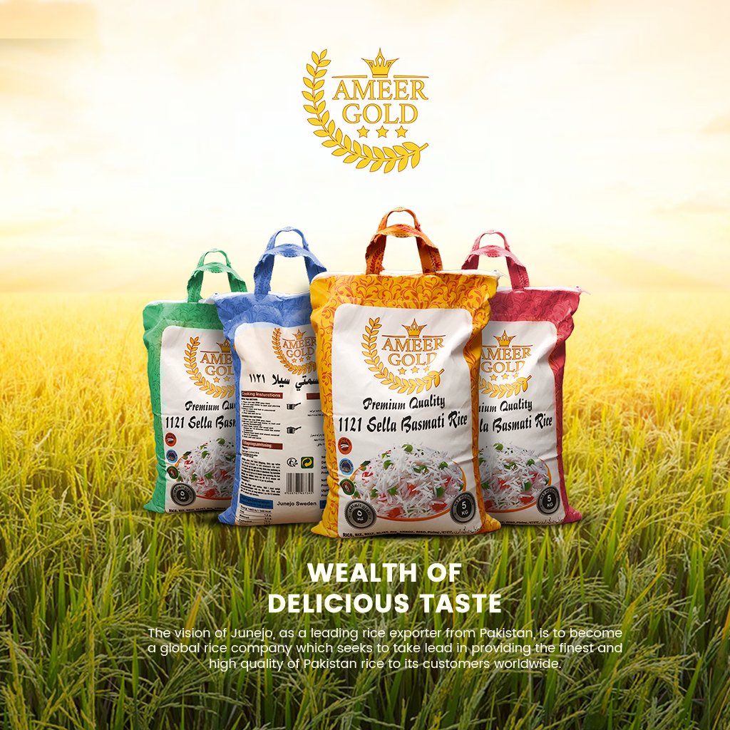 Ameer Gold rice bags in a golden rice field with the Ameer Gold logo