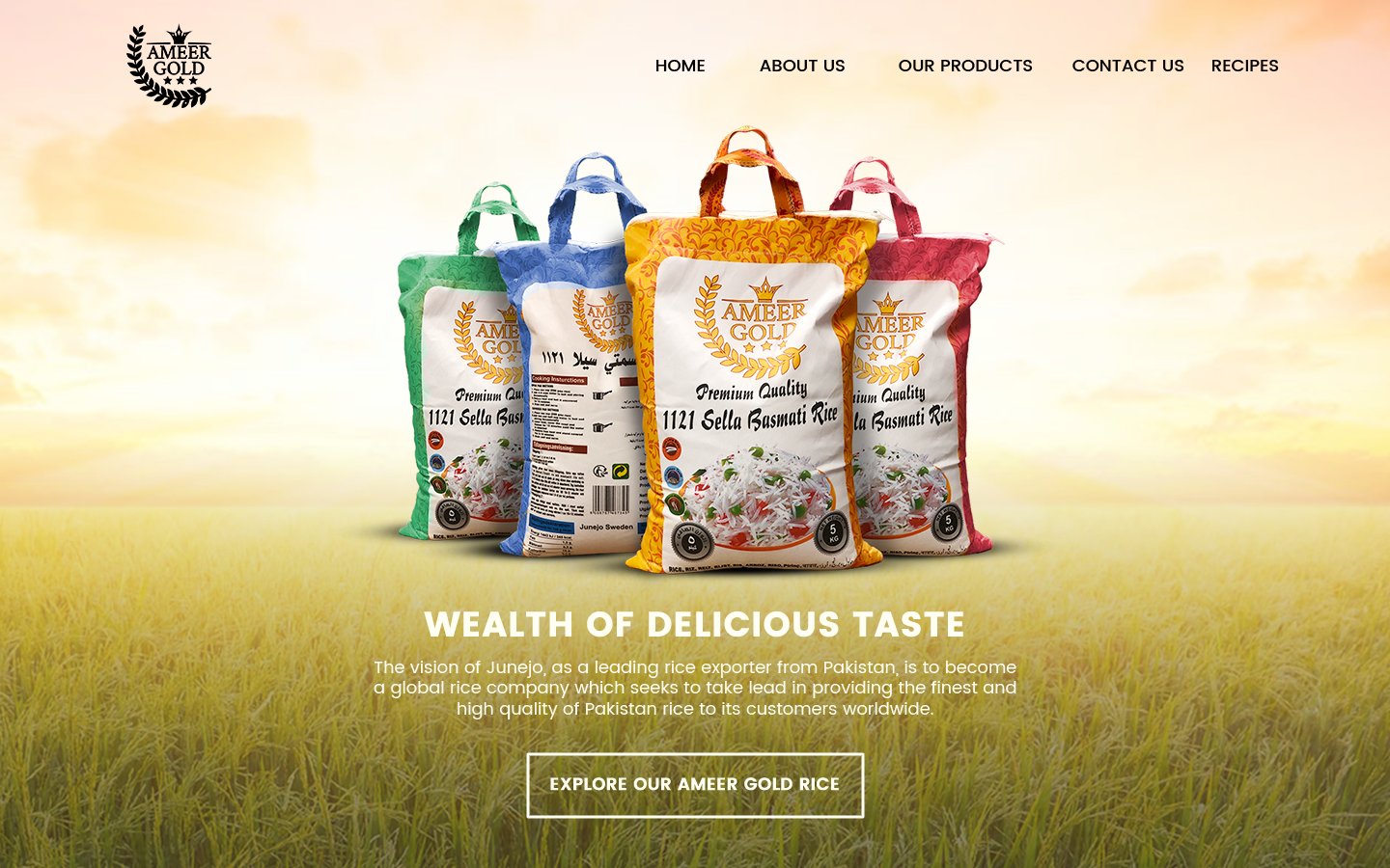 The Ameer Gold rice website homepage with the four rice bags in a golden field