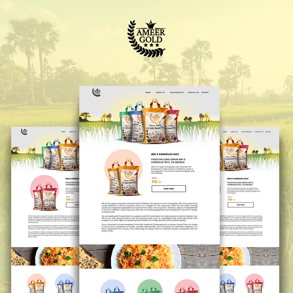 Several Ameer Gold website pages shown together