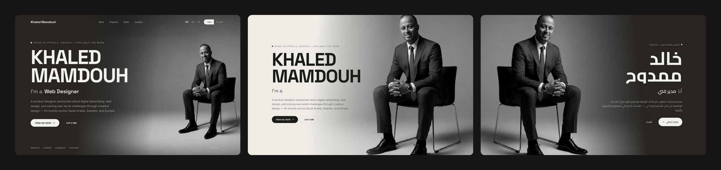 The khaledmamdouh.se hero in the dark theme, the light theme and in Arabic