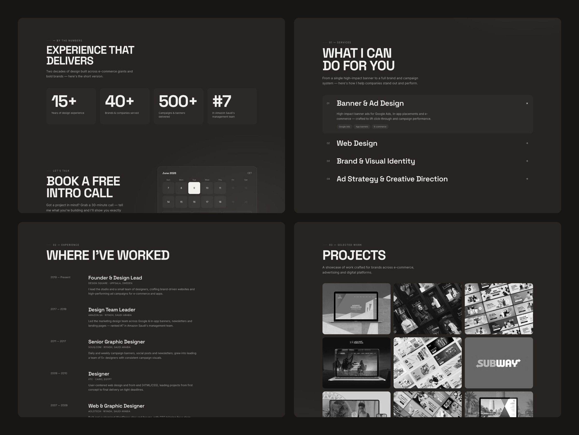 Four sections of khaledmamdouh.se: numbers, services, experience timeline and projects