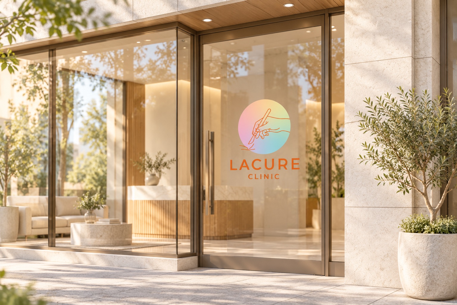 Lacure Clinic logo on the glass entrance door (mockup)