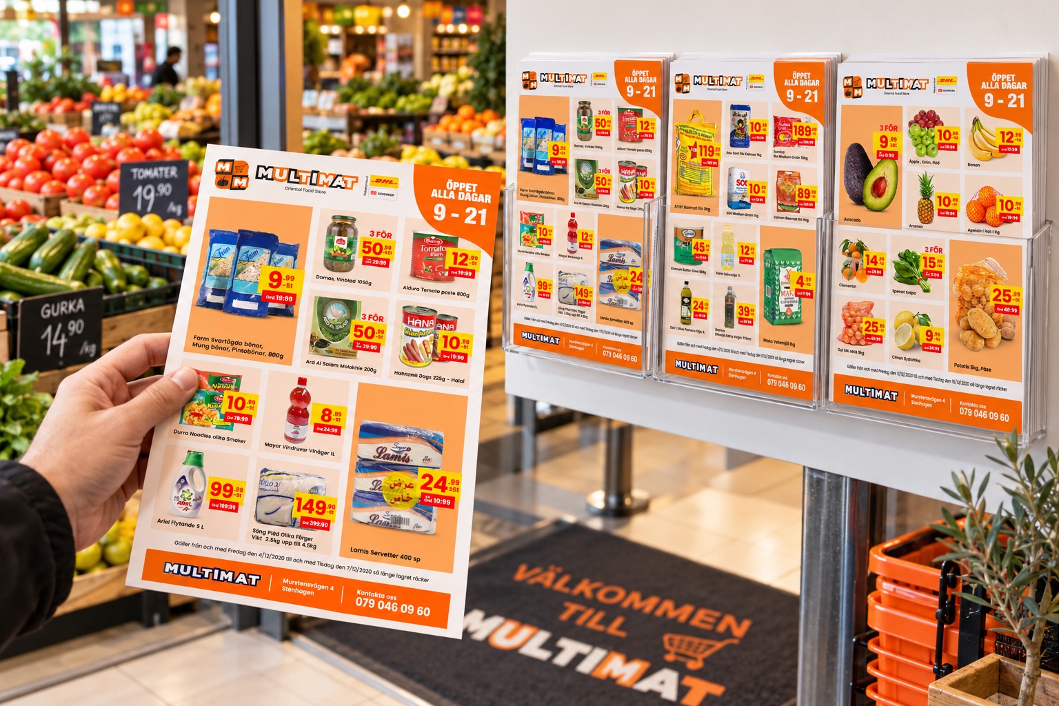 Multimat weekly offer flyers in a rack at the store entrance (mockup)