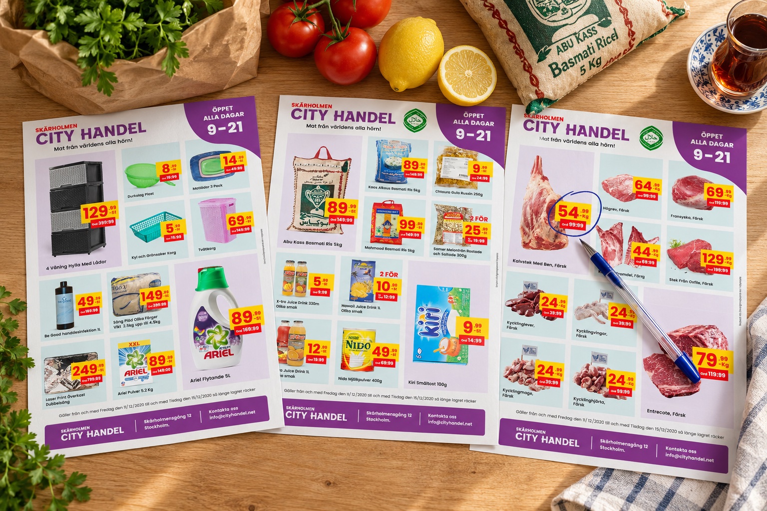 Skärholmen City Handel weekly offer flyers on a kitchen table with groceries (mockup)