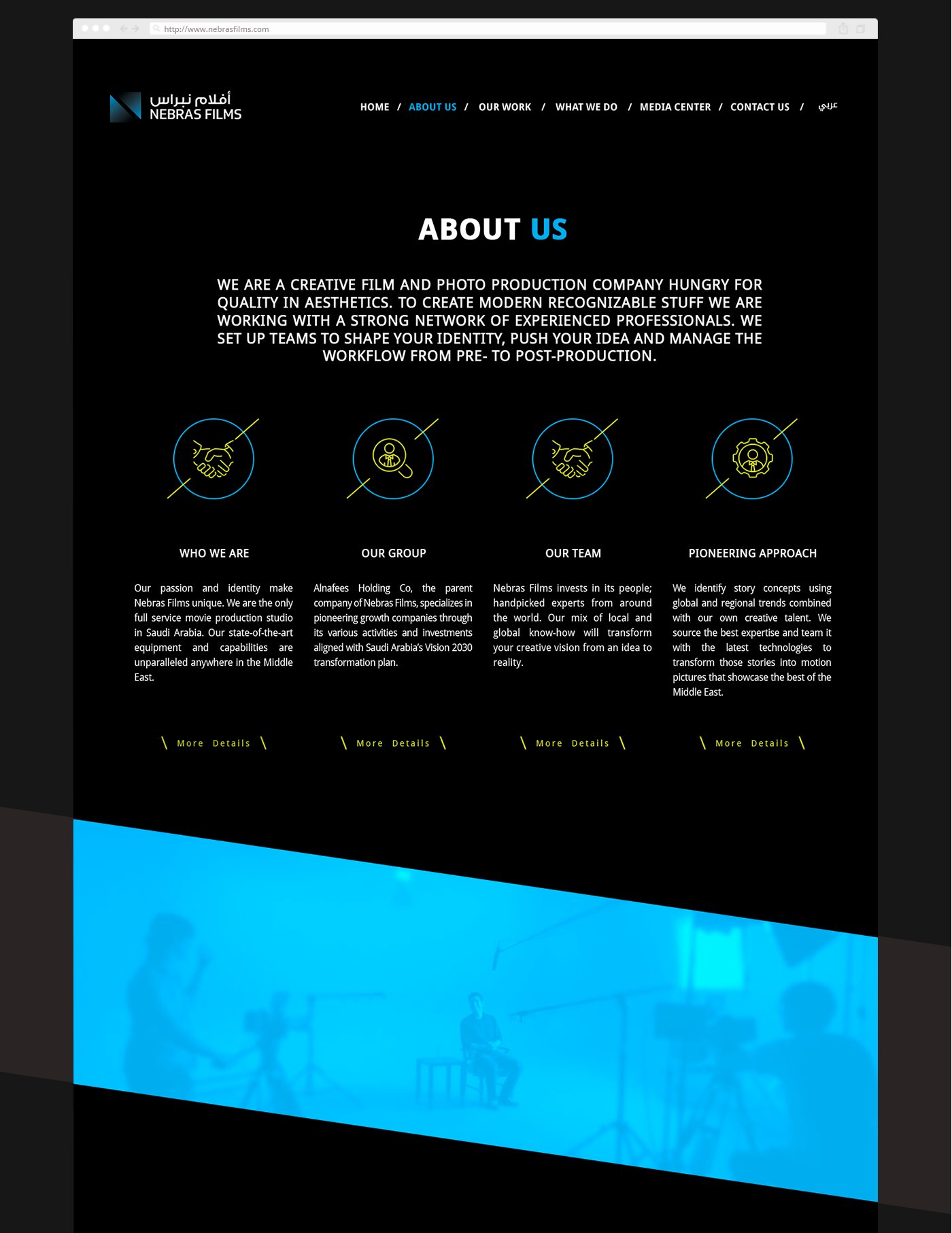 The Nebras Films About us page: four line icons and text on black with a slanted blue band