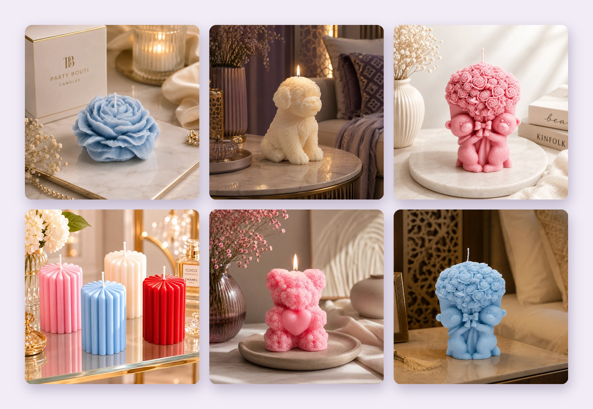Party Bouti candles in warm lifestyle scenes on marble, wood and glass