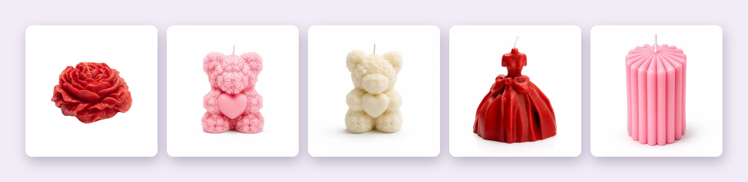 Party Bouti candles on clean white backgrounds: red rose, pink and cream teddy bears, red dress and pink pillar