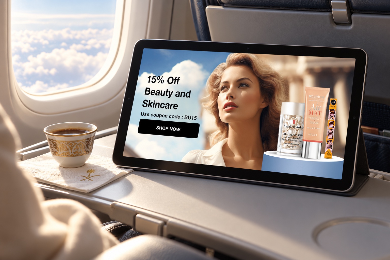 Skysales Beauty and Skincare banner on a tablet on an airplane tray table (mockup)