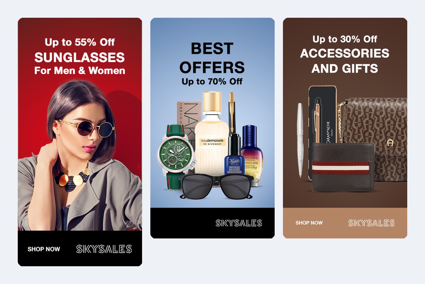 Three tall Skysales display ads for sunglasses, accessories and best offers
