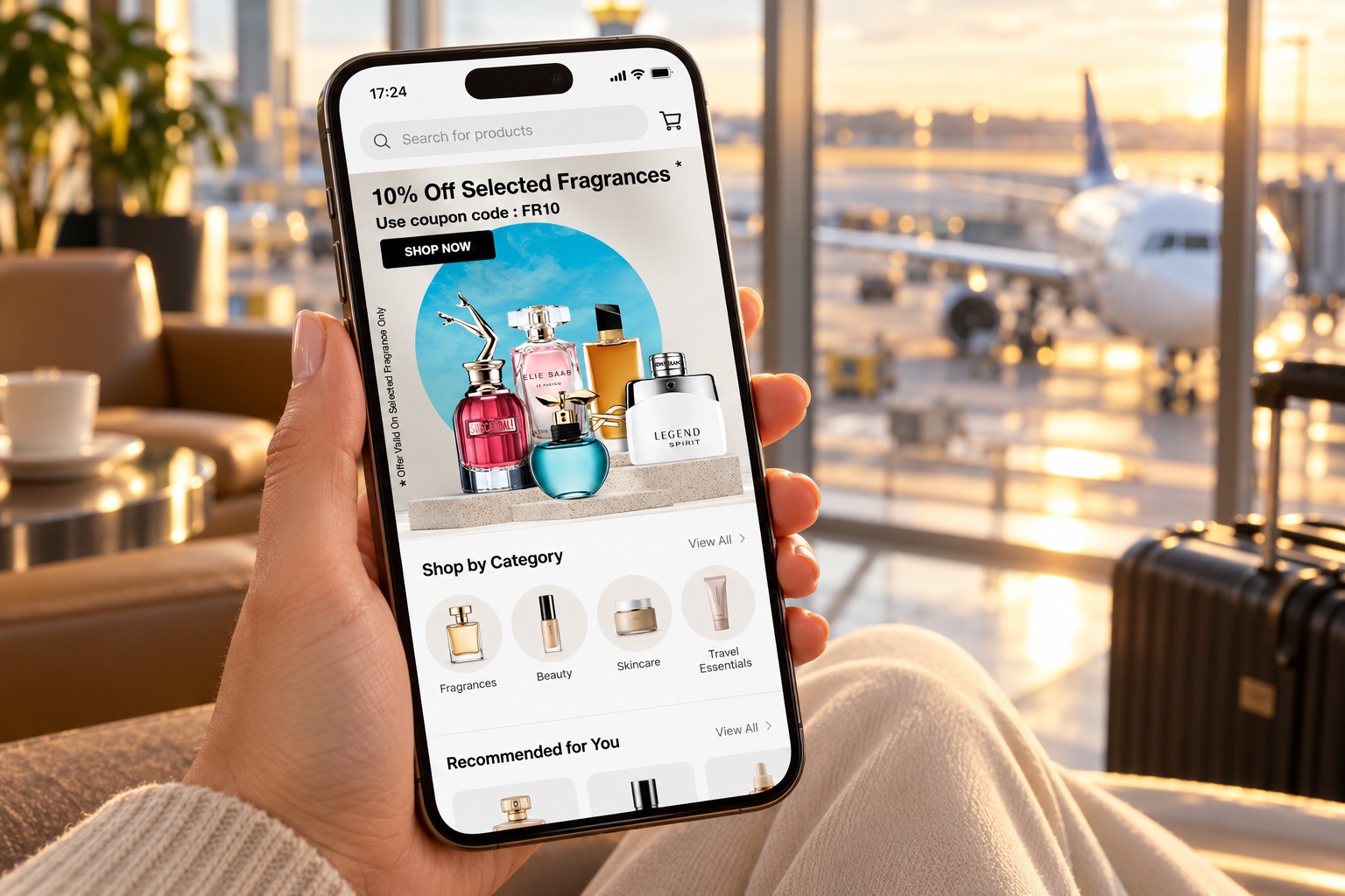 Skysales fragrance banner in the shopping app on a phone in an airport lounge (mockup)