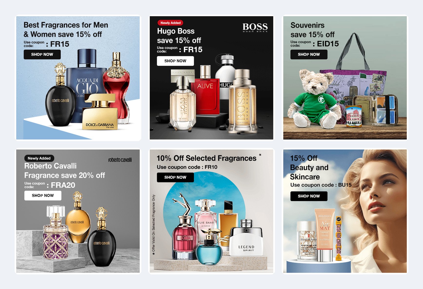 Six square Skysales mobile banners for beauty, fragrances, Roberto Cavalli, Hugo Boss and Eid souvenirs