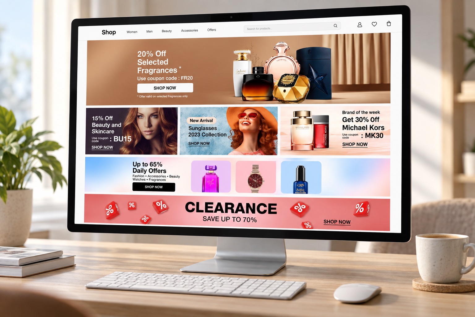 A shop homepage built from Skysales banners on a desktop monitor (mockup)