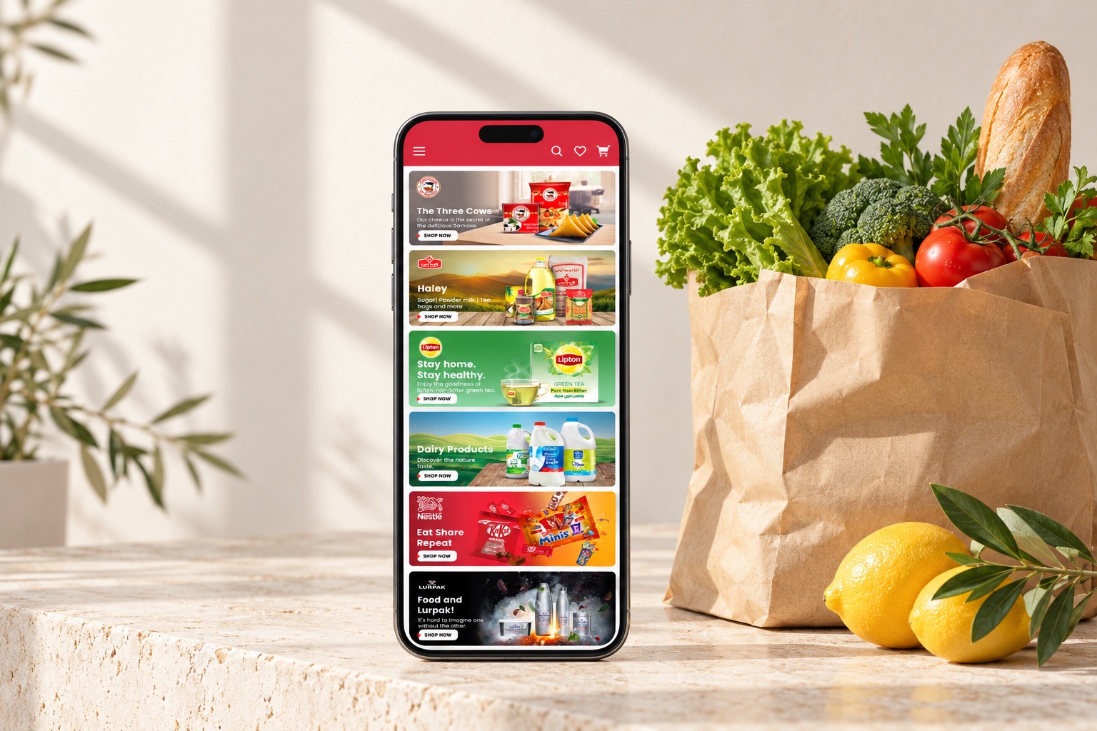The Speedi app with in-app banners on a phone next to a grocery bag (mockup)