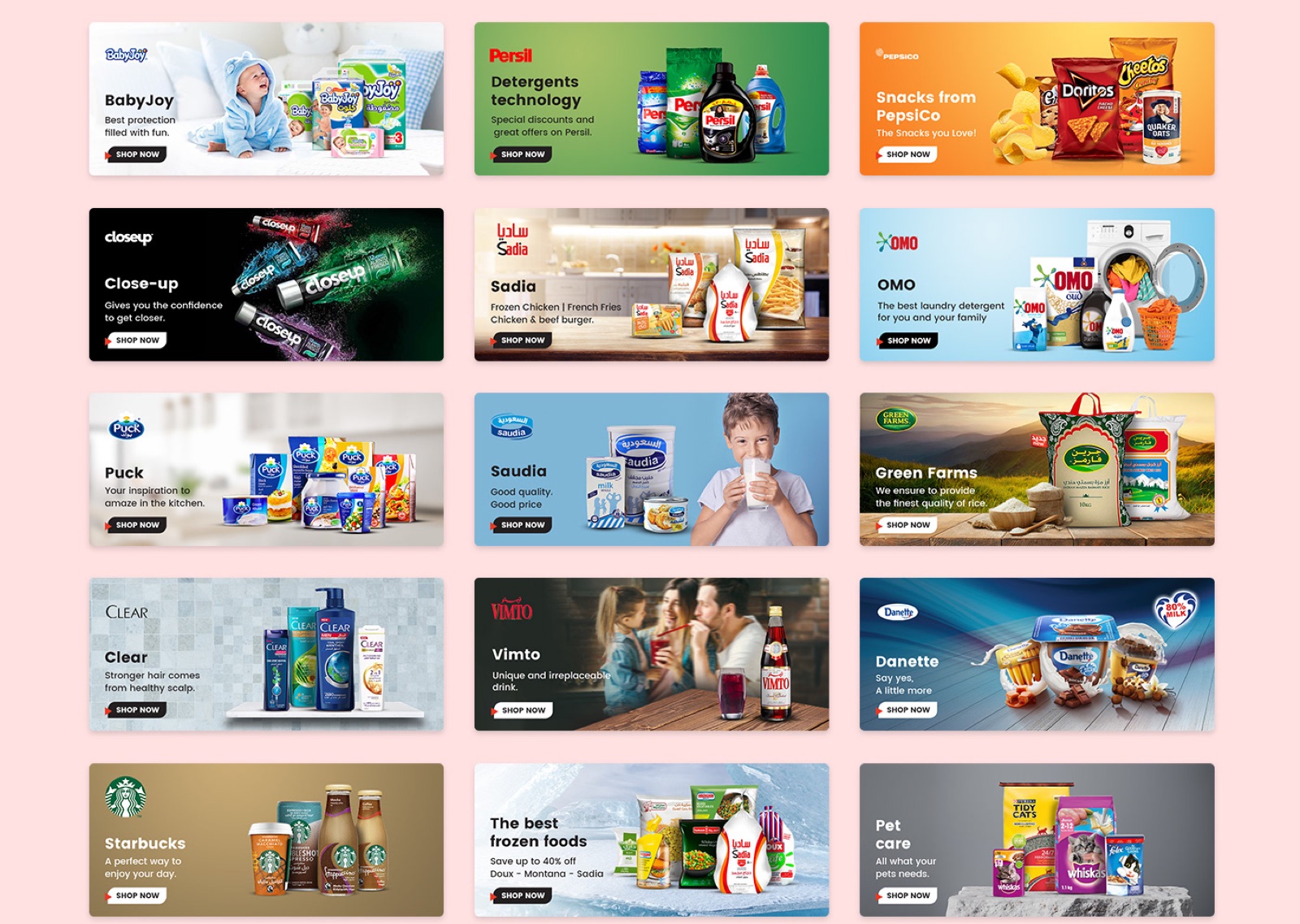 A collection of Speedi in-app banners for grocery brands and categories